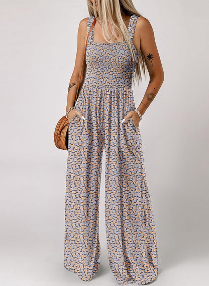 Women's Casual Loose Overalls Jumpsuits One Piece Sleeveless Printed Wide Leg Long Pant Rompers With Pockets