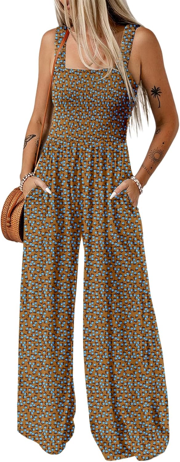 Women's Casual Loose Overalls Jumpsuits One Piece Sleeveless Printed Wide Leg Long Pant Rompers With Pockets