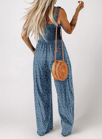 Women's Casual Loose Overalls Jumpsuits One Piece Sleeveless Printed Wide Leg Long Pant Rompers With Pockets