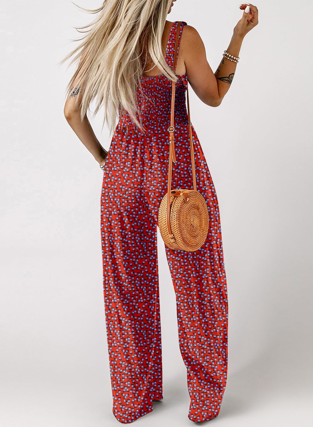 Women's Casual Loose Overalls Jumpsuits One Piece Sleeveless Printed Wide Leg Long Pant Rompers With Pockets