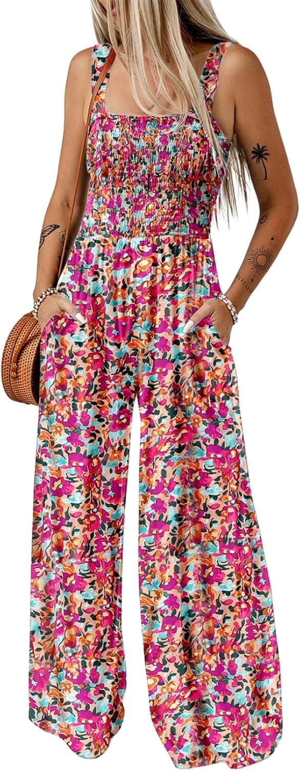 Women's Casual Loose Overalls Jumpsuits One Piece Sleeveless Printed Wide Leg Long Pant Rompers With Pockets