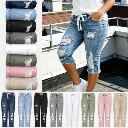 Fashion Distressed Ripped Capri Jeans Plus Size Casual High-Waisted Drawstring Waist Denim Cropped Pants + Lace cutout top