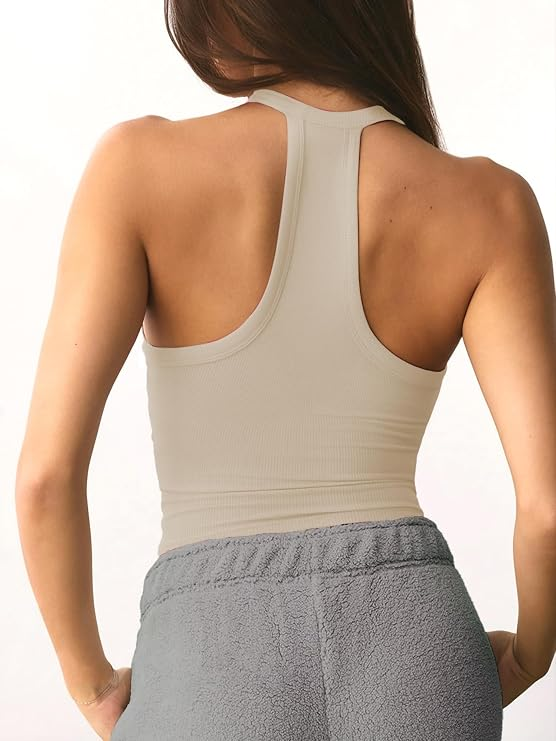 Jar of Love Women's Workout Tank Top with Built-in Shelf Bra-V-Neck Racerback Ribbed Cami for Gym, Yoga, Running