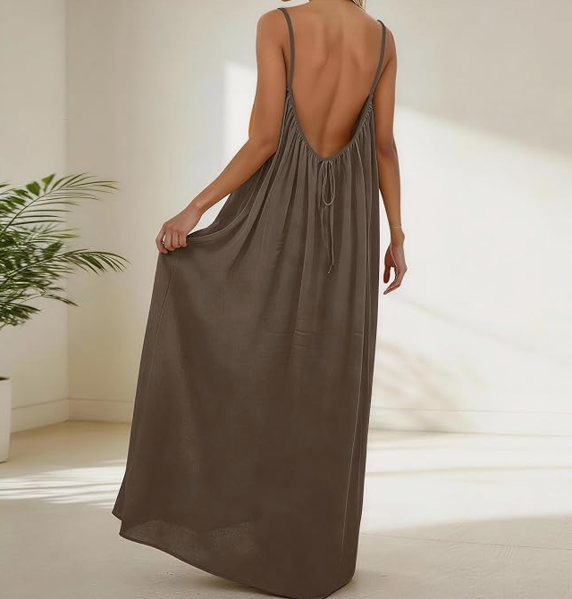 Backless Cami Dress for Women Summer 2026 Sleeveless Long Maxi Casual Sundress Ladies Flowy Open Back Lounge Dresses for Holiday Beach House Solid Color