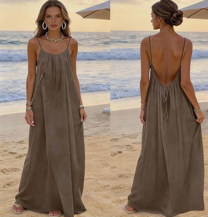 Backless Cami Dress for Women Summer 2026 Sleeveless Long Maxi Casual Sundress Ladies Flowy Open Back Lounge Dresses for Holiday Beach House Solid Color