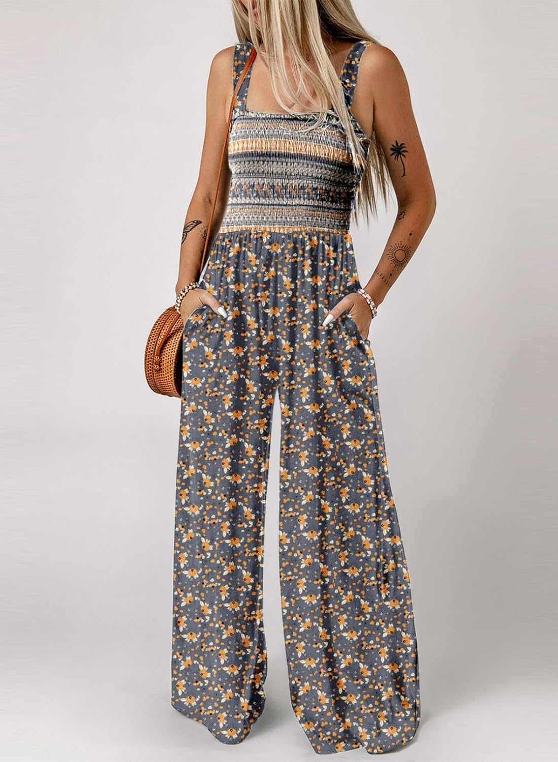 Women's Casual Loose Overalls Jumpsuits One Piece Sleeveless Printed Wide Leg Long Pant Rompers With Pockets