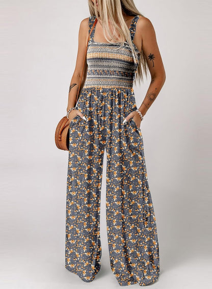 Women's Casual Loose Overalls Jumpsuits One Piece Sleeveless Printed Wide Leg Long Pant Rompers With Pockets