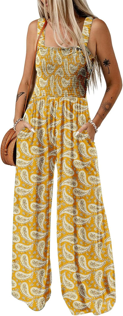 Women's Casual Loose Overalls Jumpsuits One Piece Sleeveless Printed Wide Leg Long Pant Rompers With Pockets