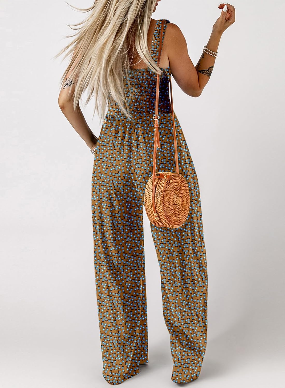 Women's Casual Loose Overalls Jumpsuits One Piece Sleeveless Printed Wide Leg Long Pant Rompers With Pockets