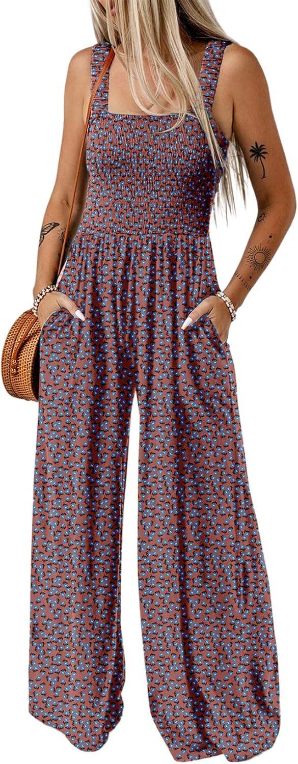 Women's Casual Loose Overalls Jumpsuits One Piece Sleeveless Printed Wide Leg Long Pant Rompers With Pockets