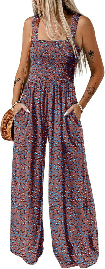 Women's Casual Loose Overalls Jumpsuits One Piece Sleeveless Printed Wide Leg Long Pant Rompers With Pockets