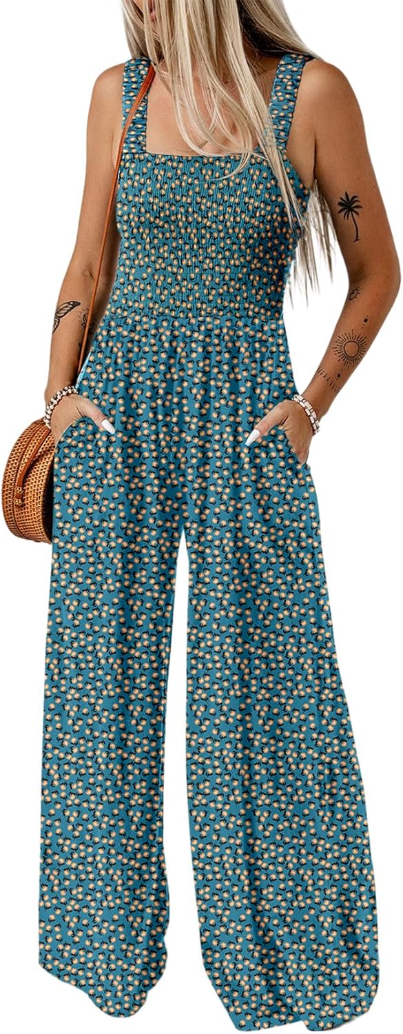 Women's Casual Loose Overalls Jumpsuits One Piece Sleeveless Printed Wide Leg Long Pant Rompers With Pockets