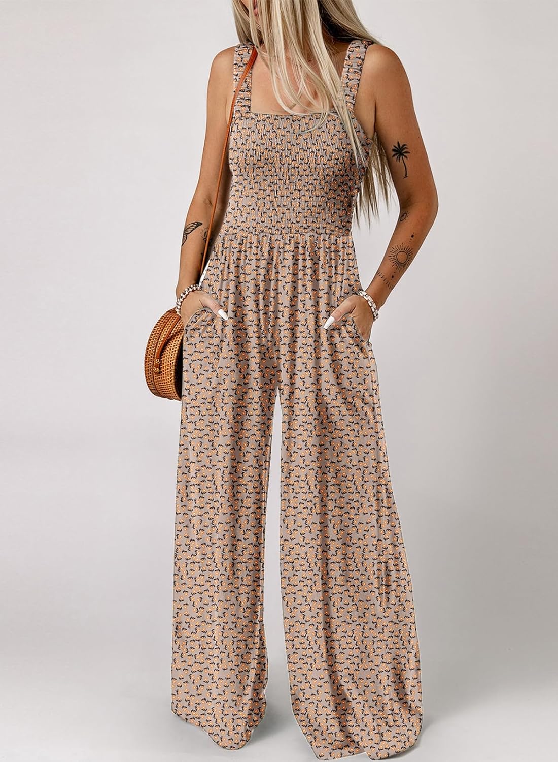 Women's Casual Loose Overalls Jumpsuits One Piece Sleeveless Printed Wide Leg Long Pant Rompers With Pockets