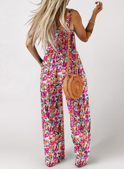 Women's Casual Loose Overalls Jumpsuits One Piece Sleeveless Printed Wide Leg Long Pant Rompers With Pockets