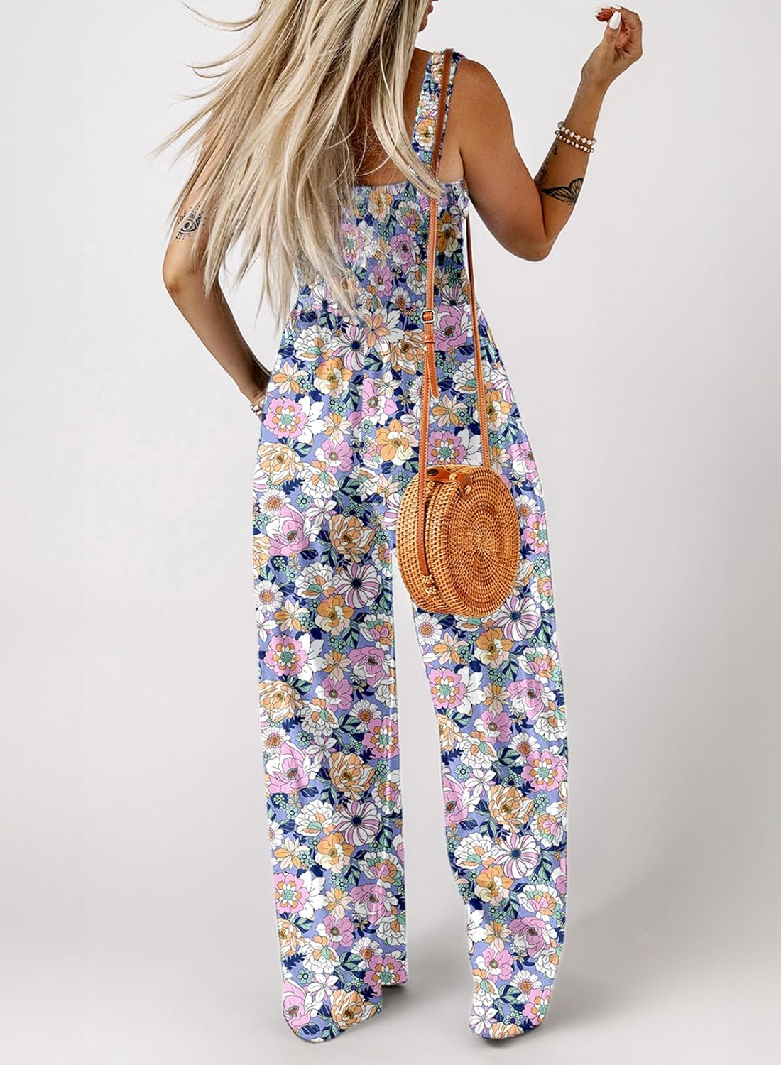 Women's Casual Loose Overalls Jumpsuits One Piece Sleeveless Printed Wide Leg Long Pant Rompers With Pockets