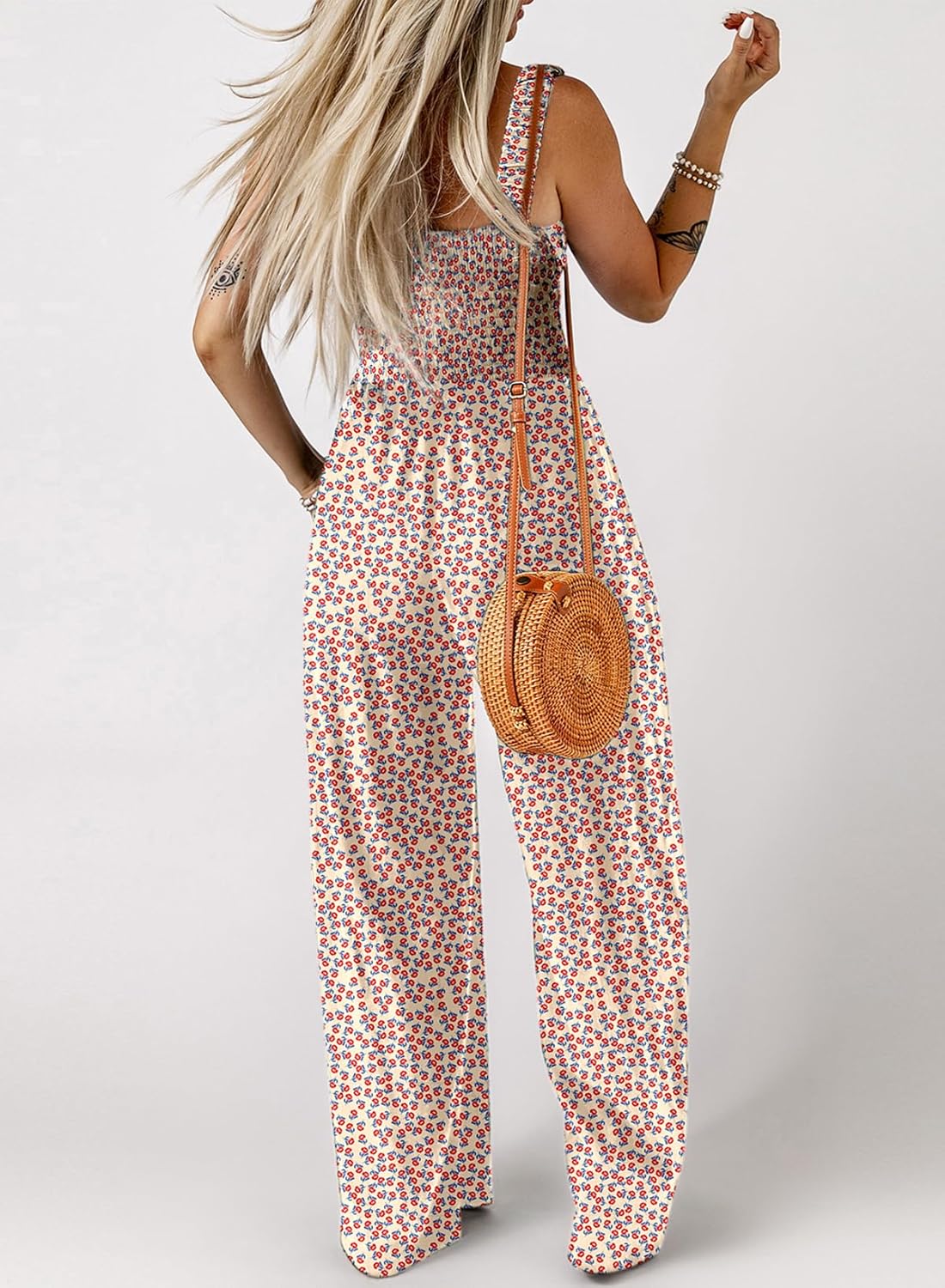 Women's Casual Loose Overalls Jumpsuits One Piece Sleeveless Printed Wide Leg Long Pant Rompers With Pockets