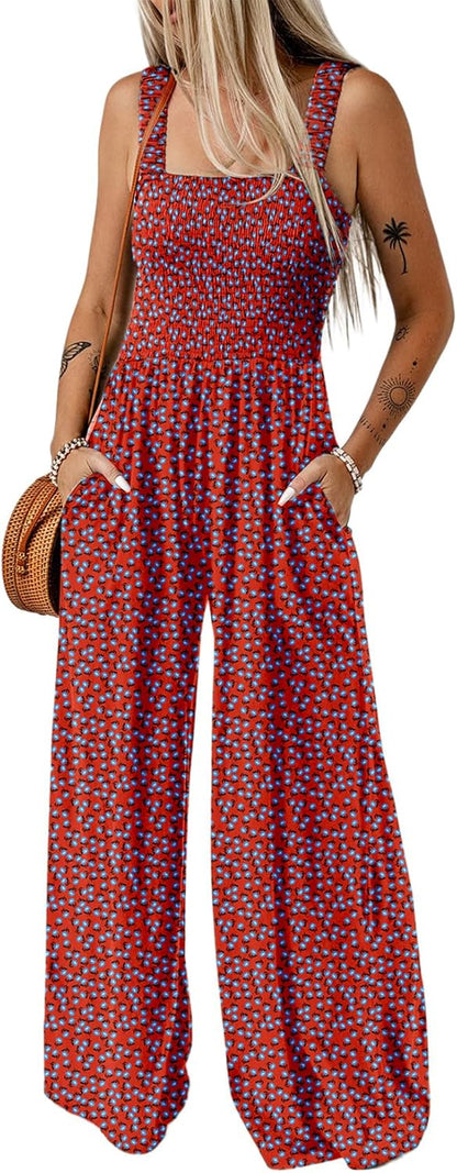Women's Casual Loose Overalls Jumpsuits One Piece Sleeveless Printed Wide Leg Long Pant Rompers With Pockets