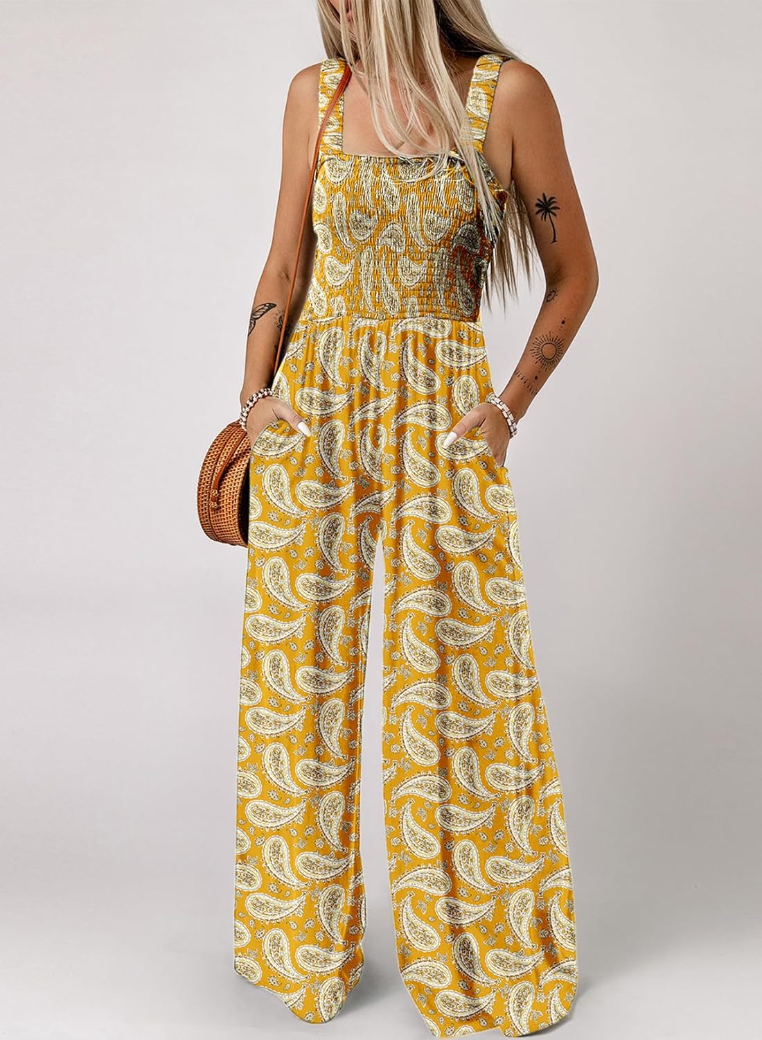 Women's Casual Loose Overalls Jumpsuits One Piece Sleeveless Printed Wide Leg Long Pant Rompers With Pockets