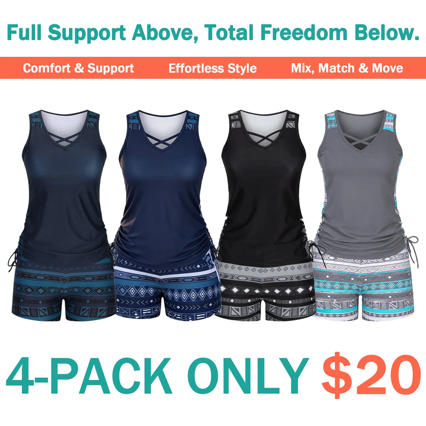 ⏰LAST DAY 90% OFF - Women's 2-Piece Tummy Control Tankini Set with Built-In Bra – Flattering Boho Swimwear with Shorts