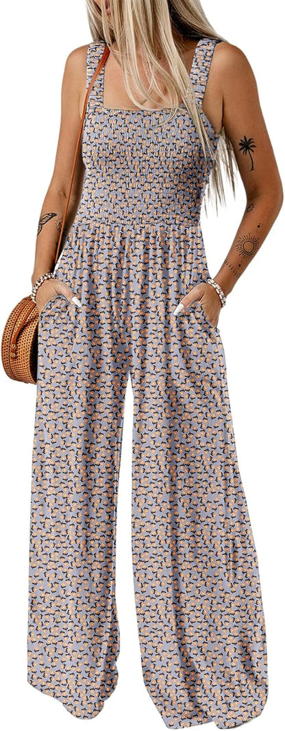 Women's Casual Loose Overalls Jumpsuits One Piece Sleeveless Printed Wide Leg Long Pant Rompers With Pockets