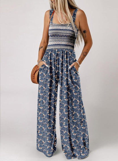 Women's Casual Loose Overalls Jumpsuits One Piece Sleeveless Printed Wide Leg Long Pant Rompers With Pockets