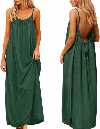 Backless Cami Dress for Women Summer 2026 Sleeveless Long Maxi Casual Sundress Ladies Flowy Open Back Lounge Dresses for Holiday Beach House Solid Color