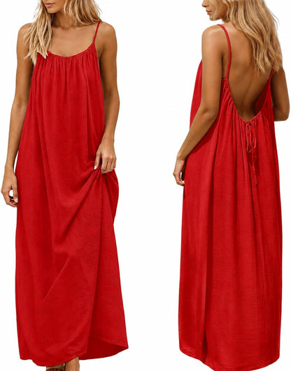 Backless Cami Dress for Women Summer 2026 Sleeveless Long Maxi Casual Sundress Ladies Flowy Open Back Lounge Dresses for Holiday Beach House Solid Color