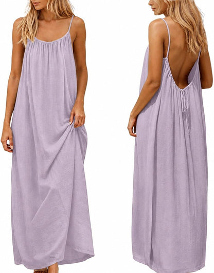 Backless Cami Dress for Women Summer 2026 Sleeveless Long Maxi Casual Sundress Ladies Flowy Open Back Lounge Dresses for Holiday Beach House Solid Color