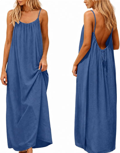 Backless Cami Dress for Women Summer 2026 Sleeveless Long Maxi Casual Sundress Ladies Flowy Open Back Lounge Dresses for Holiday Beach House Solid Color