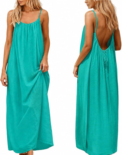 Backless Cami Dress for Women Summer 2026 Sleeveless Long Maxi Casual Sundress Ladies Flowy Open Back Lounge Dresses for Holiday Beach House Solid Color