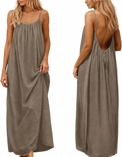 Backless Cami Dress for Women Summer 2026 Sleeveless Long Maxi Casual Sundress Ladies Flowy Open Back Lounge Dresses for Holiday Beach House Solid Color