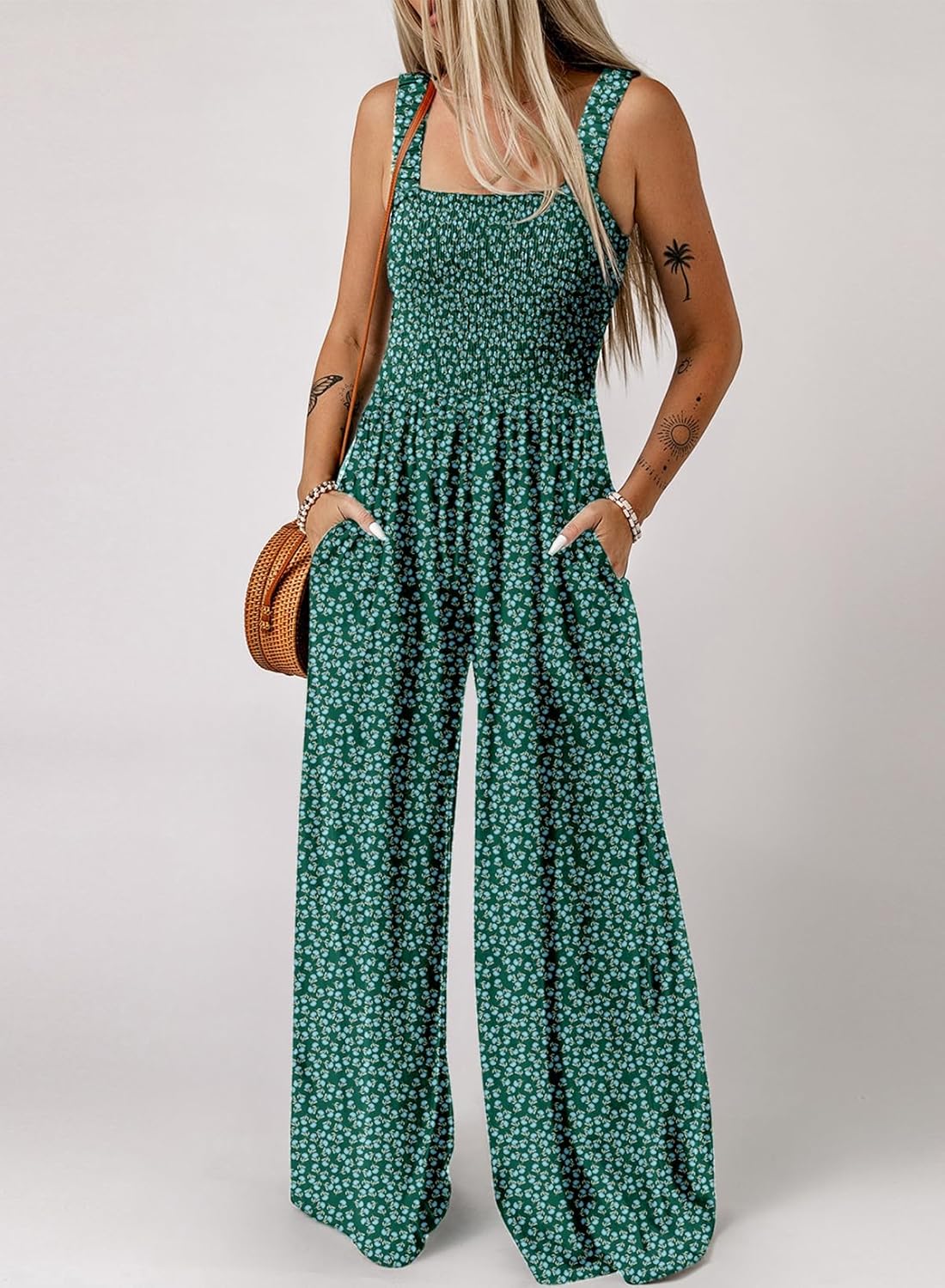 Women's Casual Loose Overalls Jumpsuits One Piece Sleeveless Printed Wide Leg Long Pant Rompers With Pockets