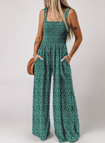 Women's Casual Loose Overalls Jumpsuits One Piece Sleeveless Printed Wide Leg Long Pant Rompers With Pockets