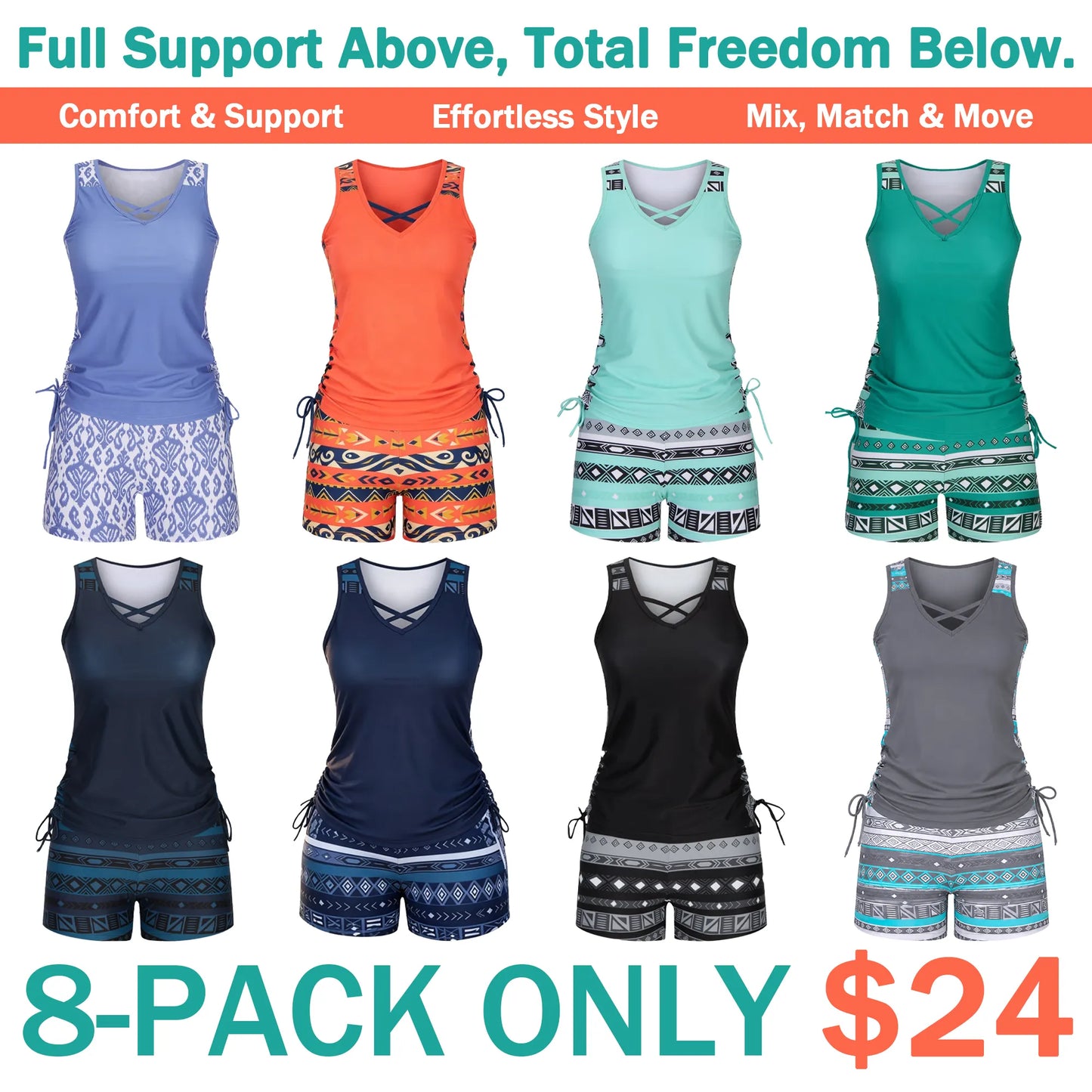 ⏰LAST DAY 90% OFF - Women's 2-Piece Tummy Control Tankini Set with Built-In Bra – Flattering Boho Swimwear with Shorts