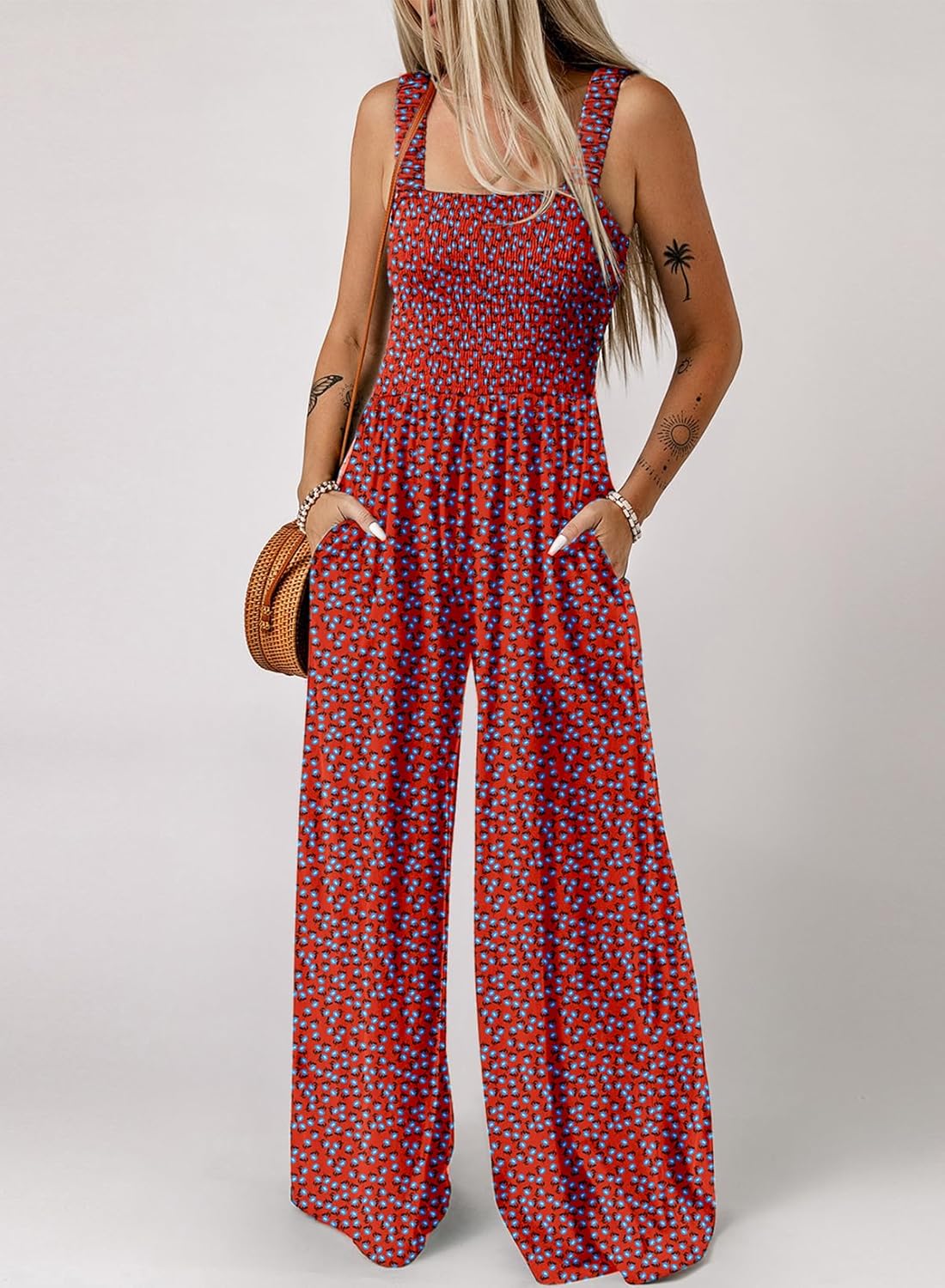 Women's Casual Loose Overalls Jumpsuits One Piece Sleeveless Printed Wide Leg Long Pant Rompers With Pockets