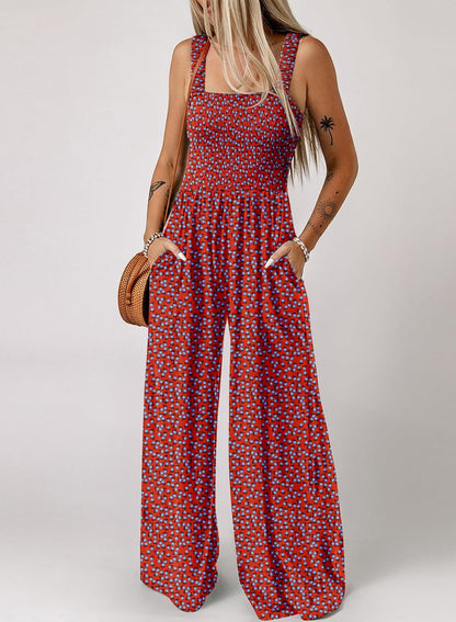 Women's Casual Loose Overalls Jumpsuits One Piece Sleeveless Printed Wide Leg Long Pant Rompers With Pockets