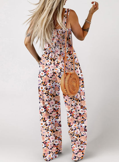Women's Casual Loose Overalls Jumpsuits One Piece Sleeveless Printed Wide Leg Long Pant Rompers With Pockets