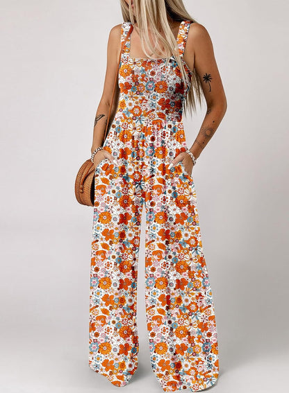 Women's Casual Loose Overalls Jumpsuits One Piece Sleeveless Printed Wide Leg Long Pant Rompers With Pockets