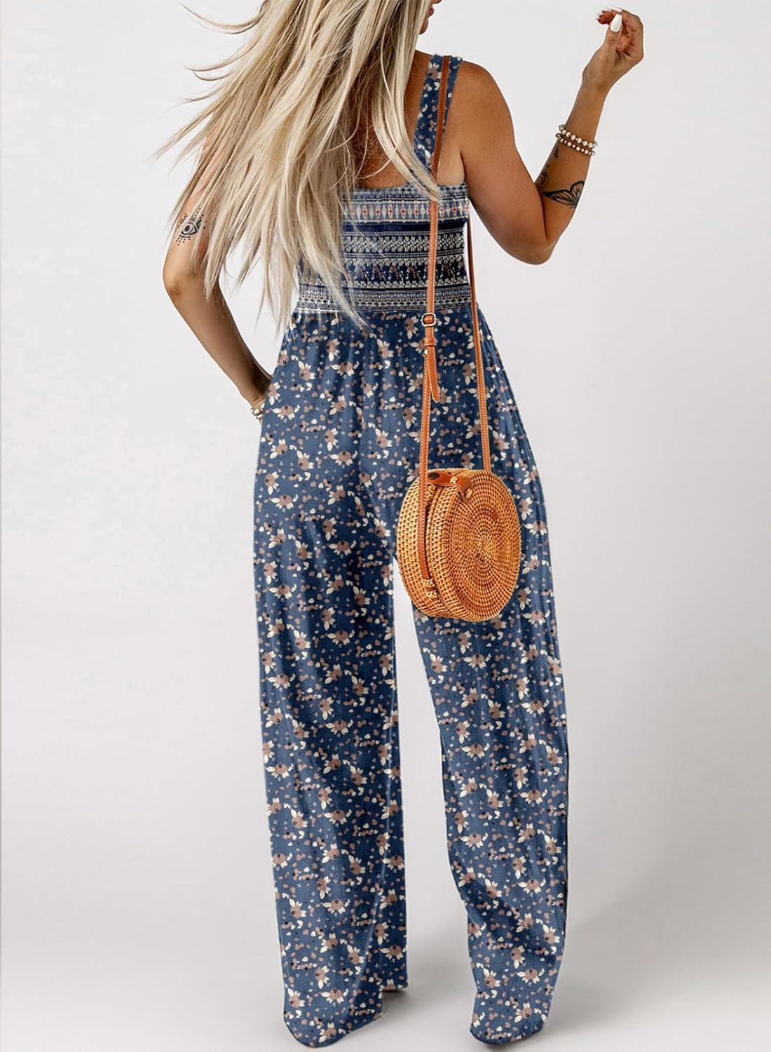 Women's Casual Loose Overalls Jumpsuits One Piece Sleeveless Printed Wide Leg Long Pant Rompers With Pockets