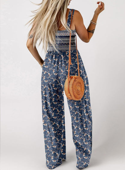 Women's Casual Loose Overalls Jumpsuits One Piece Sleeveless Printed Wide Leg Long Pant Rompers With Pockets