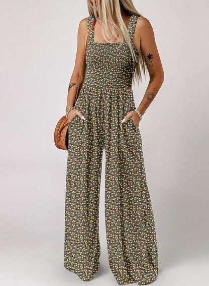 Women's Casual Loose Overalls Jumpsuits One Piece Sleeveless Printed Wide Leg Long Pant Rompers With Pockets