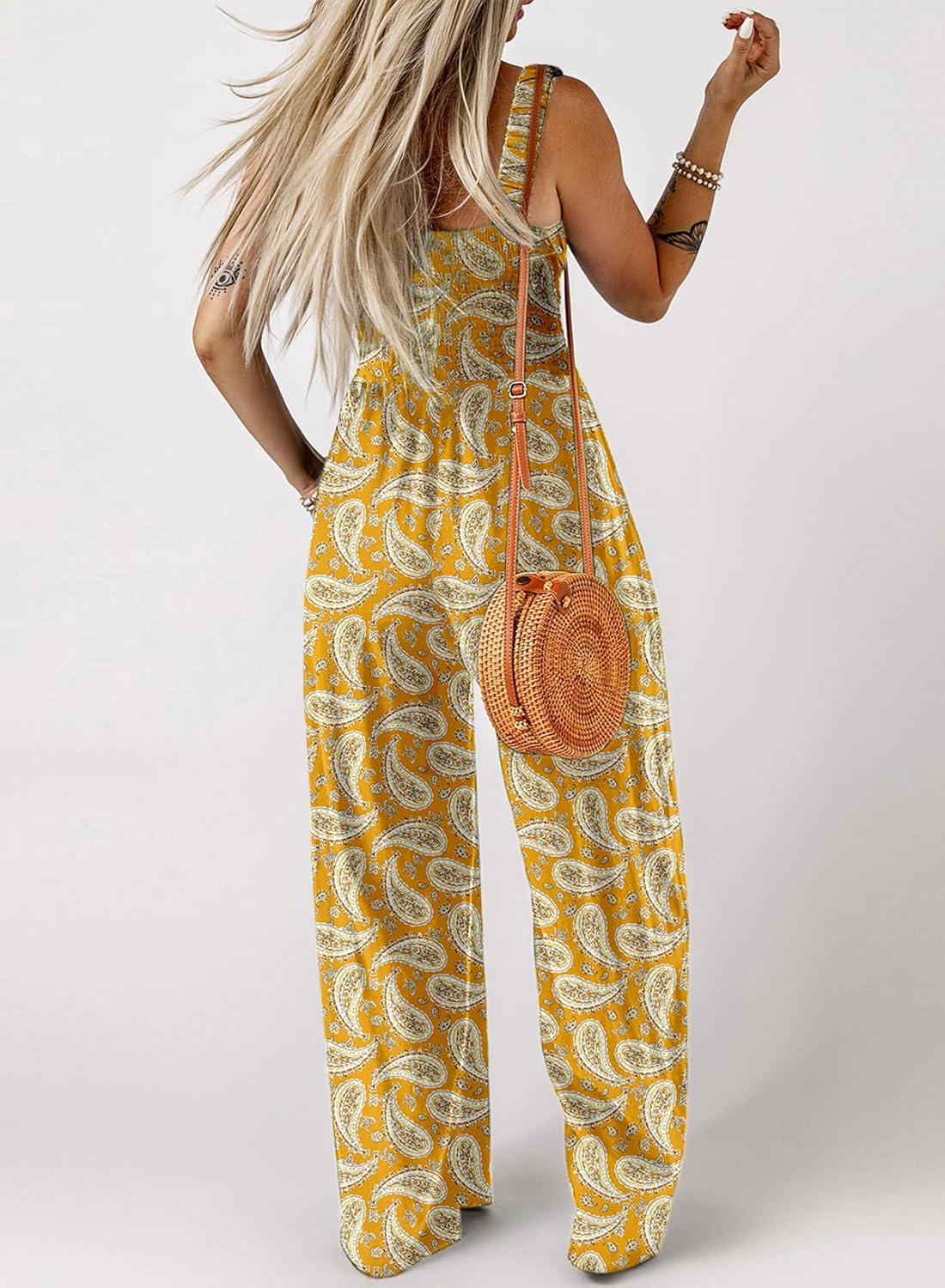 Women's Casual Loose Overalls Jumpsuits One Piece Sleeveless Printed Wide Leg Long Pant Rompers With Pockets