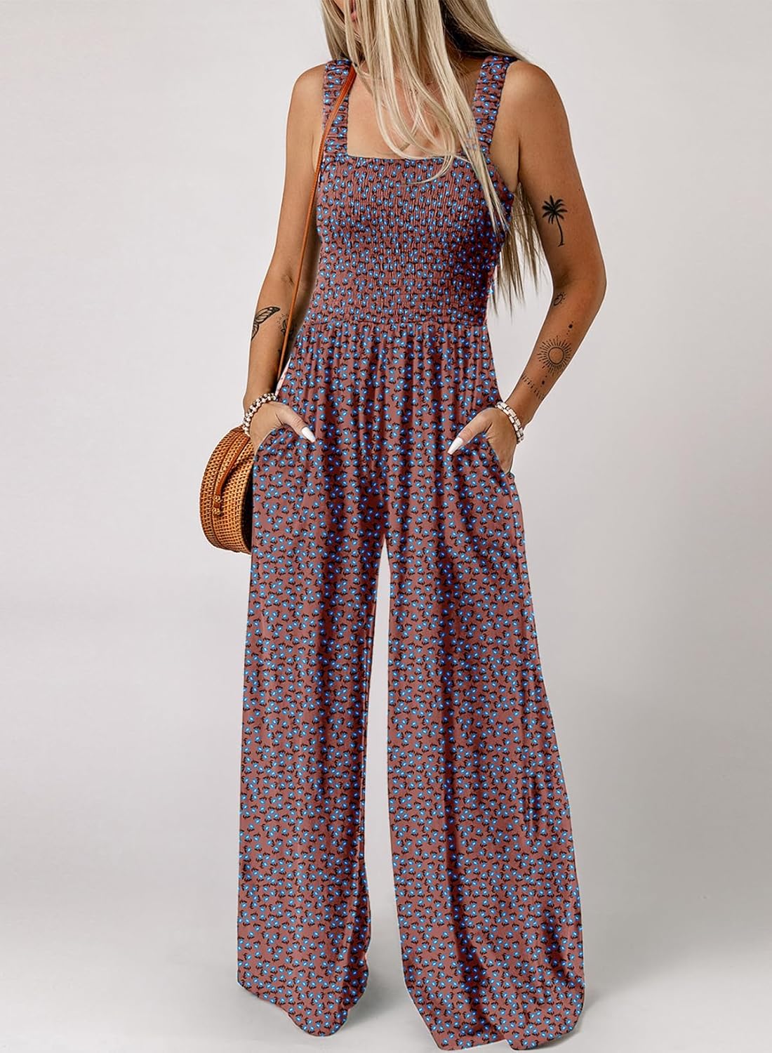 Women's Casual Loose Overalls Jumpsuits One Piece Sleeveless Printed Wide Leg Long Pant Rompers With Pockets