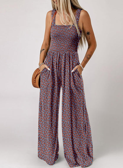 Women's Casual Loose Overalls Jumpsuits One Piece Sleeveless Printed Wide Leg Long Pant Rompers With Pockets