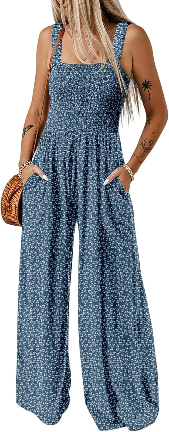 Women's Casual Loose Overalls Jumpsuits One Piece Sleeveless Printed Wide Leg Long Pant Rompers With Pockets