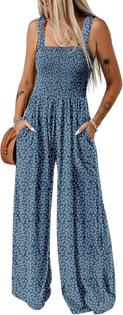 Women's Casual Loose Overalls Jumpsuits One Piece Sleeveless Printed Wide Leg Long Pant Rompers With Pockets