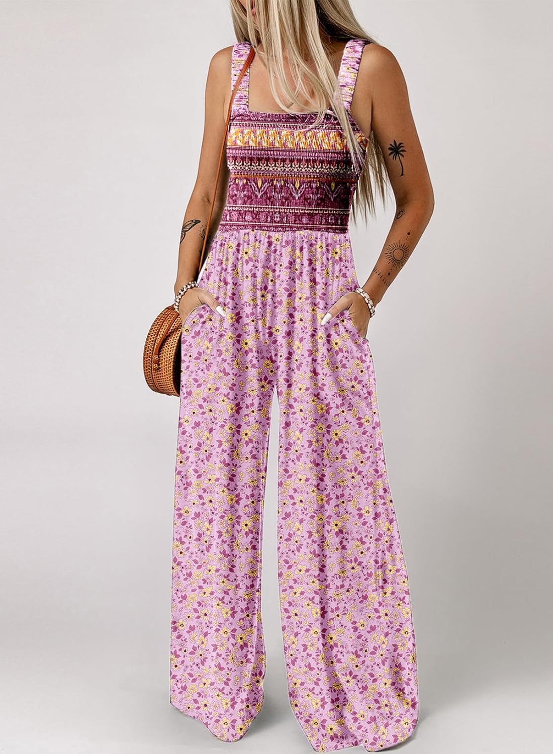 Women's Casual Loose Overalls Jumpsuits One Piece Sleeveless Printed Wide Leg Long Pant Rompers With Pockets