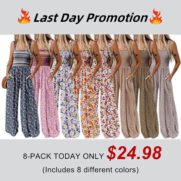 Women's Casual Loose Overalls Jumpsuits One Piece Sleeveless Printed Wide Leg Long Pant Rompers With Pockets