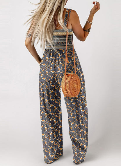 Women's Casual Loose Overalls Jumpsuits One Piece Sleeveless Printed Wide Leg Long Pant Rompers With Pockets