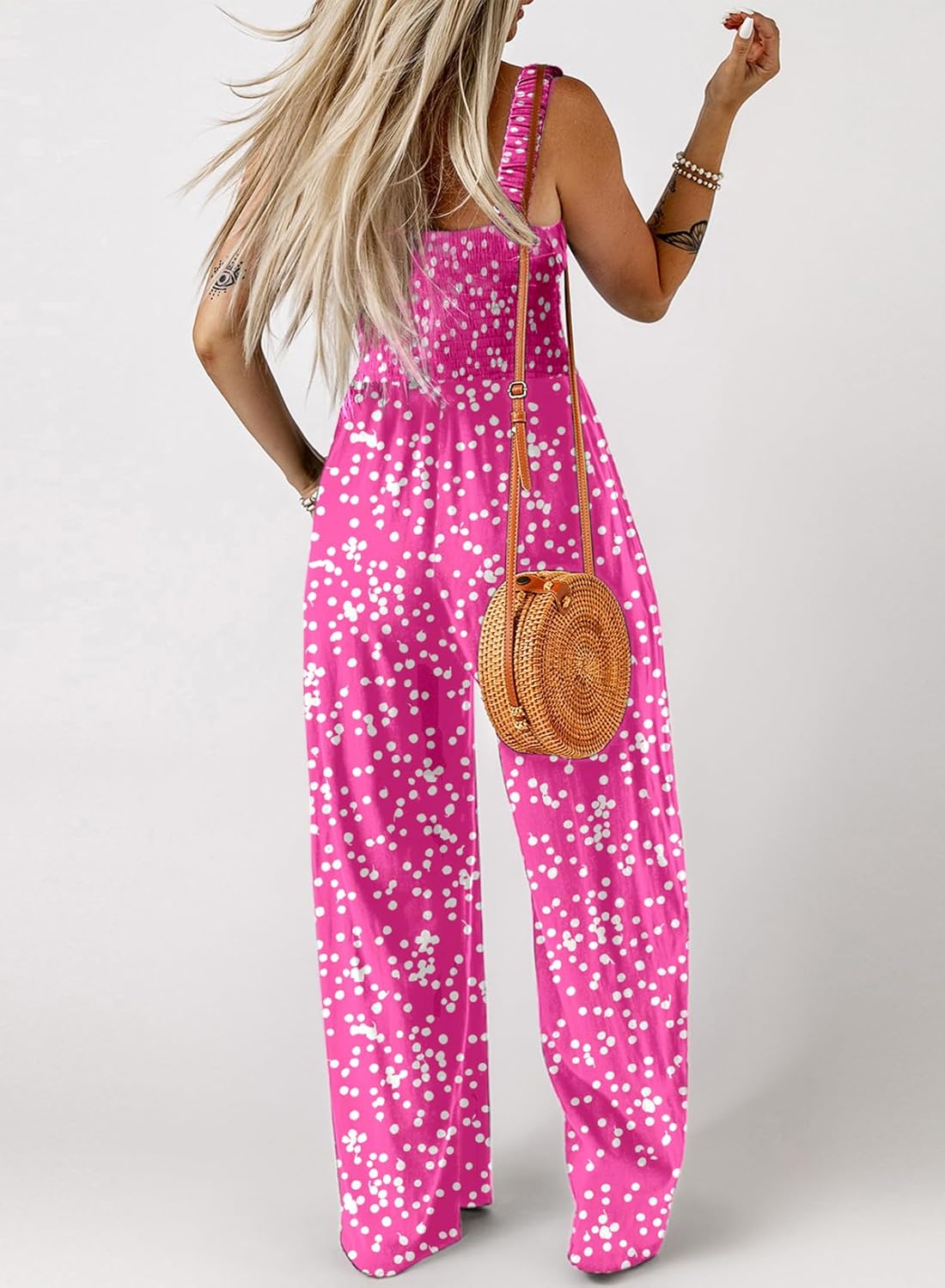 Women's Casual Loose Overalls Jumpsuits One Piece Sleeveless Printed Wide Leg Long Pant Rompers With Pockets